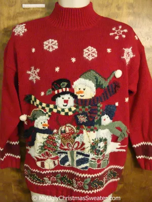 Fun 80s Snowman Family Ugly Christmas Sweater Pullover