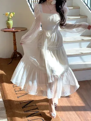 Girlary 2024 Summer Woman French Elegant Lace Midi Dress Party Long Sleeve Korean Fashion Dress Beach Chiffon Fairy Slim Dress Chic