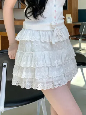 Girlary Cotton Shorts Skirt Women Lace Embroidery Elastic Waist Cute Mini Cake Skirt for Sweet Girls Lolita Style Kawaii Clothes