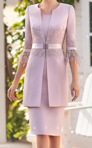GM154 - Sheath Two Piece Round Neck 34 Length Sleeves Knee Length Stain Mother of Bride Dress