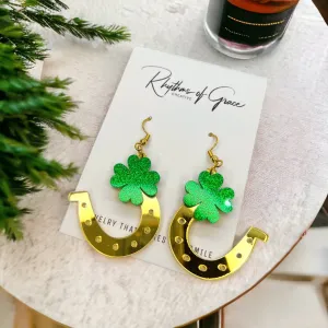 Golden Horseshoe Earrings - Lucky Charm, Clover Earrings, Saint Patrick's Day, Gold Earrings, Lucky Earrings, St. Patrick's Day