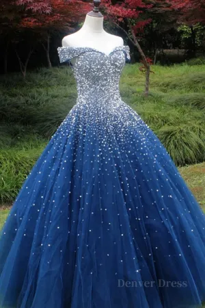 Gorgeous Off Shoulder Sequins Blue Long Prom Dress, Shiny Sequins Blue Formal Evening Dress, Blue Ball Gown