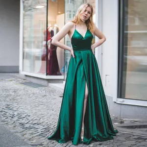 Green Spaghetti Straps Backless Evening Dress