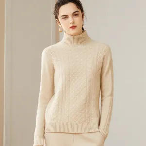Half Turtleneck Women's Double-ply Thickened Diamond Twist Knitted Cashmere Sweater
