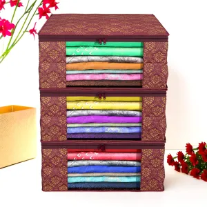 Heart Home Saree Cover | Zip Closure Saree Cover | Clothes Storage Bag | Wardrobe Organizer | Transparent Window Saree Cover | Golden Printed | 9 Inch | Pack of 3 | Maroon