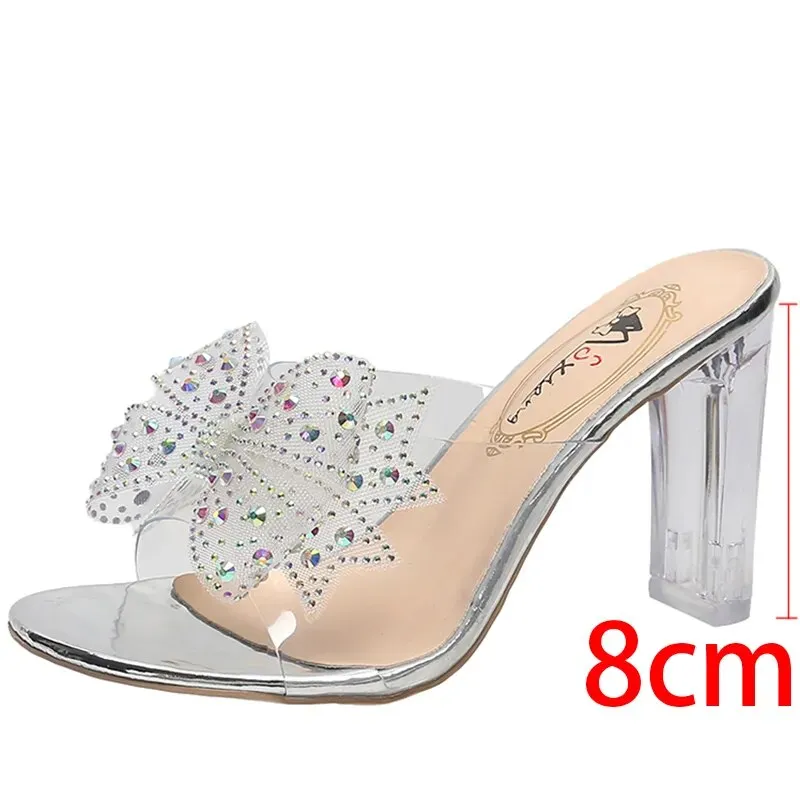 High Heels Crystal Bowtie Slippers Women 2023 Summer Open Toe Transparent Pvc Sandals Woman Clear Heeled Party Slides