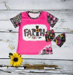 Hot Pink "FAITH" leopard & checkers short sleeve t-shirt DLH1215-37