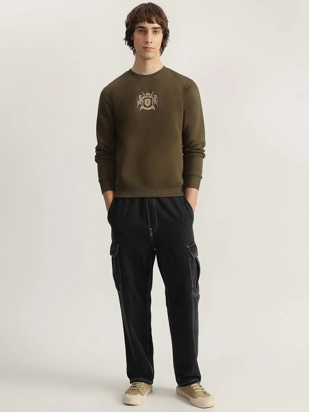 Iconic Men Olive Solid Round Neck Full Sleeves Pullover Style Sweatshirt