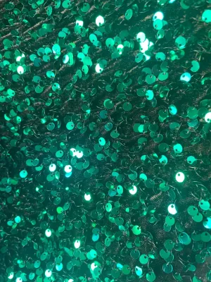 Iridescent Emerald Green Mermaid Sequin on Emerald Green Stretch Velvet Spandex Fabric