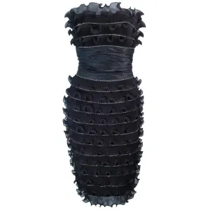 JIKI Monte Carlo Creation Black Pleated Ruffle Cocktail Dress Size 38
