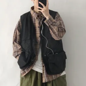Jinquedai gentleman haircut Japanese Retro Workwear Vest Men's and Women's Autumn Thin Loose Casual Couple Multi-Pocket Functional Vest Coat Fashion