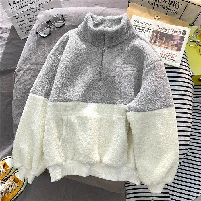 Joskaa sweater Women's Half Turtleneck Cashmere Sweater Autumn and Winter Fleece-lined Thickened Loose Long Sleeve Half Zipper Pullover Sweater Women's Fashion