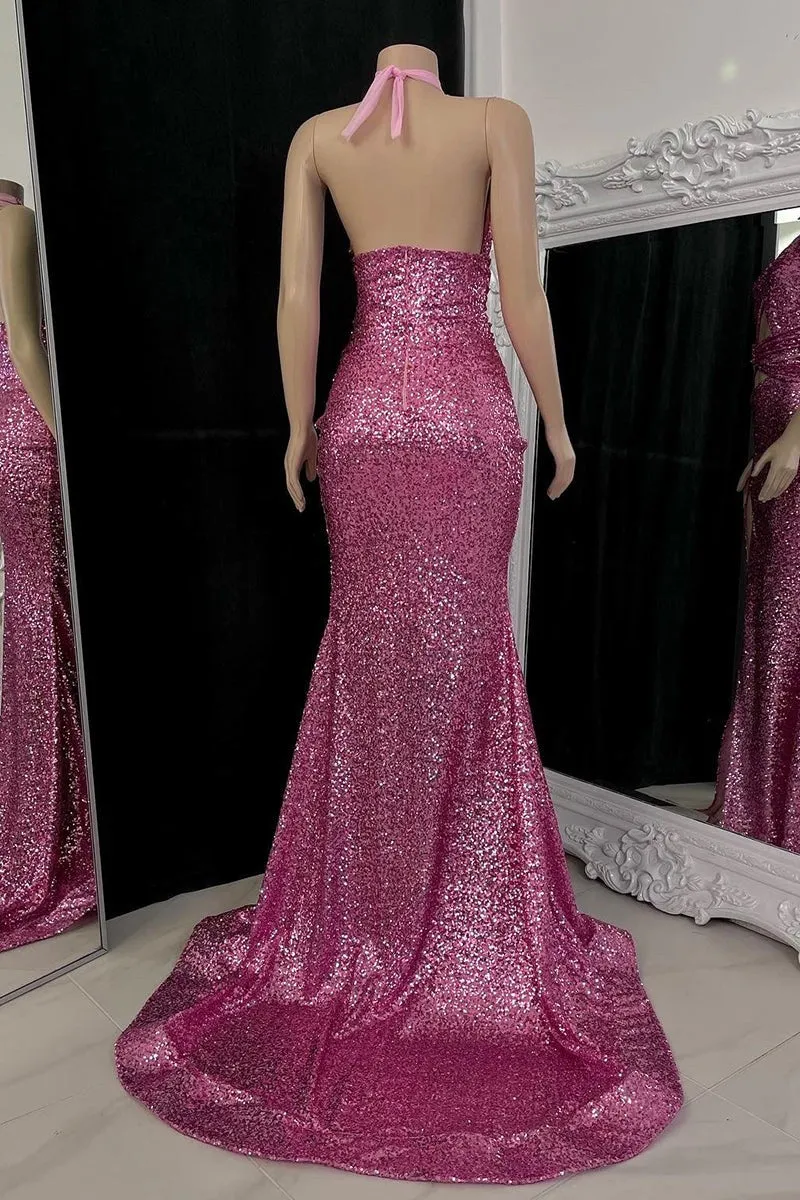 kamahe Gorgeous Halter Pink Prom Dress Sequins Sleeveless Long With Split