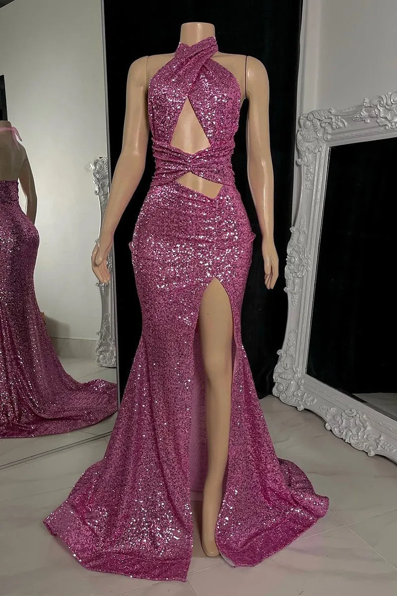 kamahe Gorgeous Halter Pink Prom Dress Sequins Sleeveless Long With Split