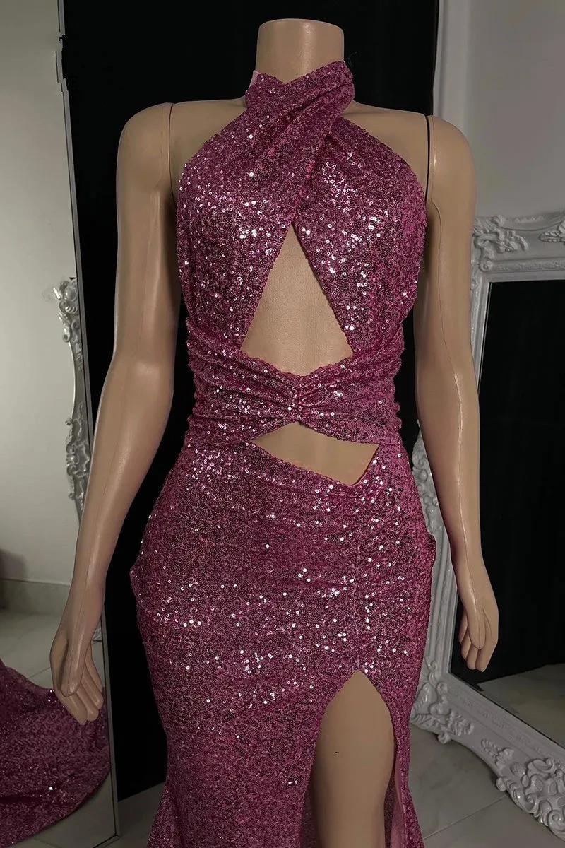 kamahe Gorgeous Halter Pink Prom Dress Sequins Sleeveless Long With Split