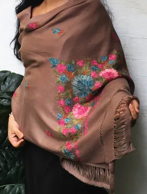 Kashmiri Ari Embroidered Stole - Pale Brown