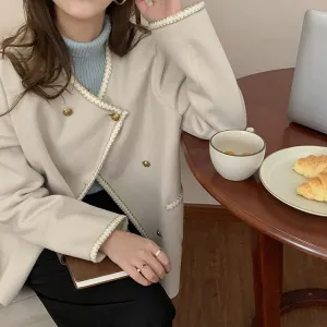 [Korean Style] 2 Colors O-Neck Double Breasted Collarless Coat Jacket W/ Piping