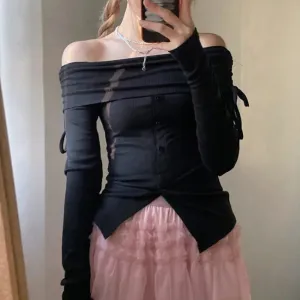 Korean Sweet Skinny Autumn Tee T-shirt Women Drawstring Tierred Off Shoulder Top Short Slim Buttons Coquette Clothes