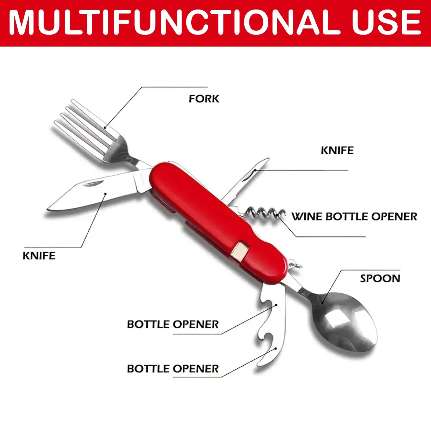 Kuber Industries 4 in 1 Folding Fork Knife Spoon Set | Multi-Tool Camping Folding Pocket Knife | Spoon, Bottle Opener & Fork Set | Red