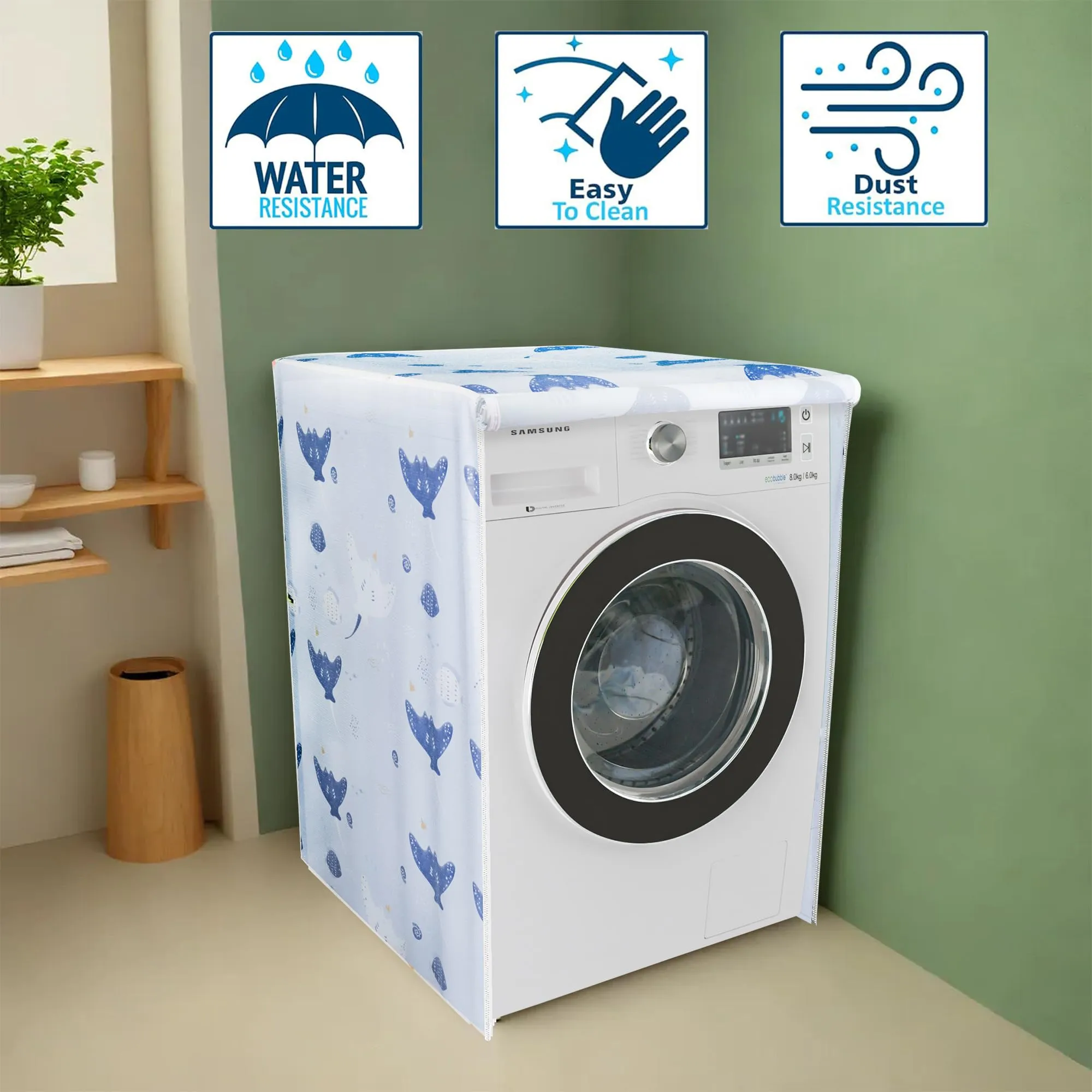 Kuber Industries Front Load Washing Machine Cover |Waterproof And Dust Proof Fully Automatic Washing Machine Cover | Happy Ocean Laundry Machine Protect Cover With Zip | Sky Blue & Blue