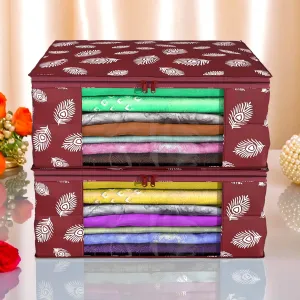 Kuber Industries Saree Cover | Clothes Storage Bag | Storage Organizer Bag | Zip Closure Saree Cover | Wardrobe Organizer | Peacock Feather-Design | 6 Inch | Pack of 2 | Maroon