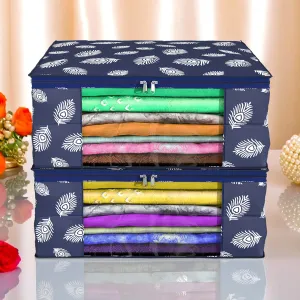 Kuber Industries Saree Cover | Clothes Storage Bag | Storage Organizer Bag | Zip Closure Saree Cover | Wardrobe Organizer | Peacock Feather-Design | 6 Inch | Pack of 2 | Navy Blue