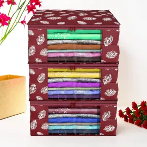 Kuber Industries Saree Cover | Clothes Storage Bag | Storage Organizer Bag | Zip Closure Saree Cover | Wardrobe Organizer | Peacock Feather-Design | 6 Inch | Pack of 3 | Maroon