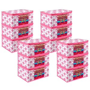 Kuber Industries Saree Cover | Zip Closure Saree Cover | Clothes Storage Bag | Wardrobe Organiser | Transparent Window Saree Cover | Flower-Design | 9 inch | Pack of 12 | Pink