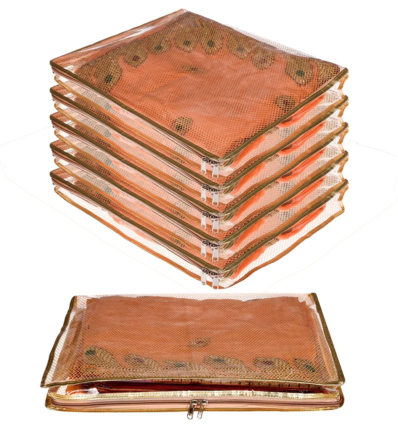 Kuber Industries Saree Cover|PVC Laminated with Mesh Fabric|Transparent Golden Border Wardrobe Organizer|Pack of 6 (Golden)