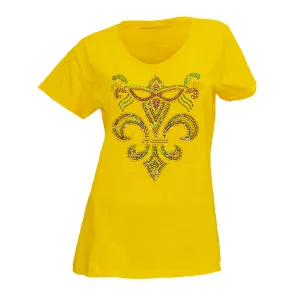 Ladies Mardi Gras Yellow Fleur De Lis And Mask Rhinestone V-Neck Tee-Shirt
