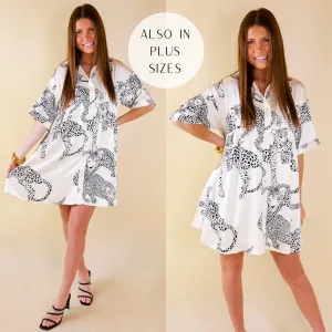 Last Chance Size Large | Ready To Flaunt Button Up Leopard Print Satin Babydoll Dress in Ivory
