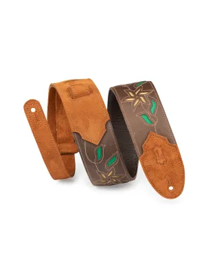 Levy's Flowering Vine Series Brown Leather Guitar Strap w/Yellow Flowers. Adjustable from 47" to 54"