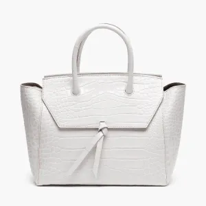 Loren Midi Leather Tote Bag - Ivory Croc Print