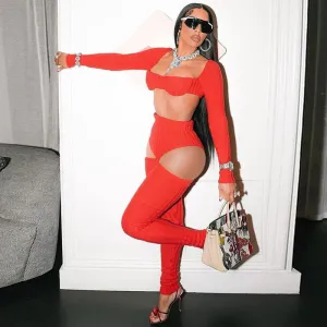 LovelyRLovely Women Hollow-out Midriff-baring Ripped Trousers Suit