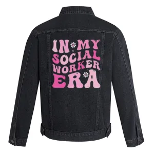 Mens IN MY SOCIAL WORKER ERA Letter Graphic Button Up Denim Jacket