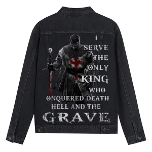 Mens Vintage I SERVE THE ONLY KING Graphic Denim Jacket
