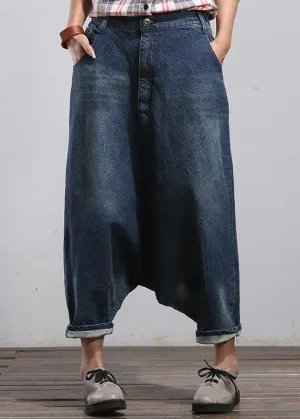 Modern Blue Casual Pockets Wrinkled Fall Harem Denim Pants