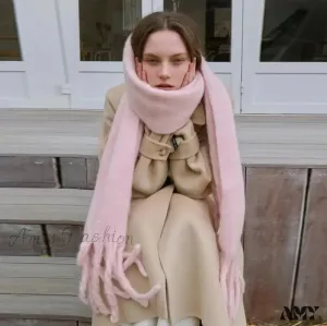 Mohair Winter Scarf - Solid Color, Thickened Wool, Fringed