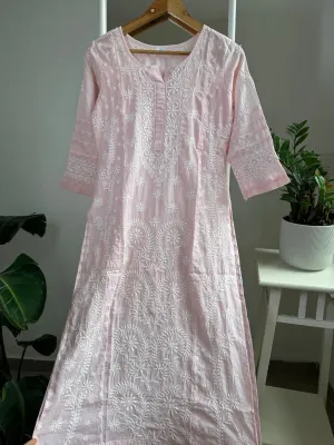 Mul Cotton Chikankari Kurti - Pale Pinki