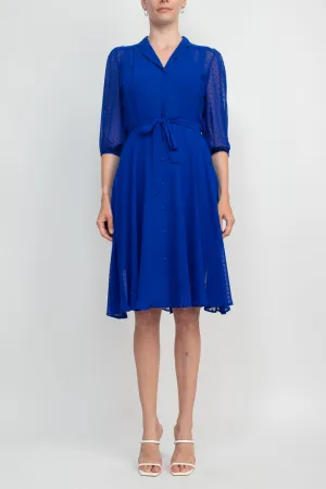 Nanette Lepore Collared Short Sleeve Tie Waist Illusion Rayon Dress