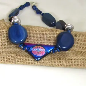 Navy Blue Tagua Nut & Handmade Bead Necklace