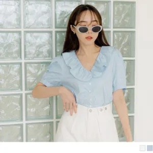 OB DESIGN ELEGANT COTTON RUFFLES V-NECK PUFF SLEEVE TOPS