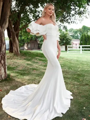 Off Shoulder Ruffle Trim Mermaid Wedding Dress