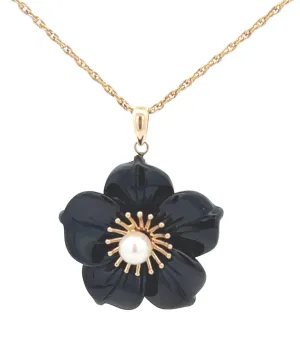 Onyx & Pearl 14ct Yellow Gold Flower Pendant