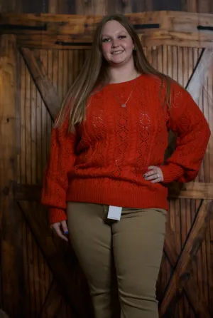 Orange Eyelet Lantern Sleeve Ribbed Trim Sweater