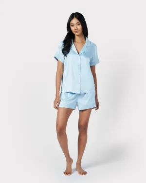 Pastel Blue Satin Lace Trim Short Pyjama Set