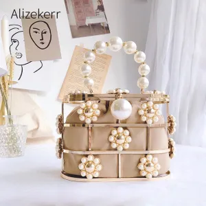 Pearl Basket Evening Clutch Bag Women Famous Brand Hollow Out Flowers Beaded Metallic Clutch Purse Korean Bucket Handbag Party