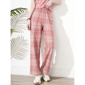 Pink Chic Plaid Color Blocking Straight Leg Pants
