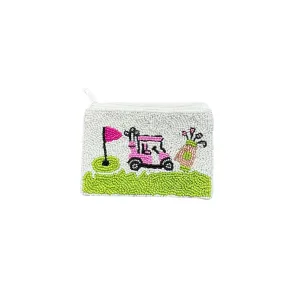 Pink Golf Cart Beaded Zipper Coin & Card Bag