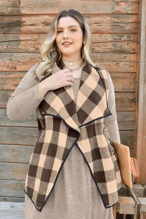 Plaid Pocket Open Front Vest Coat